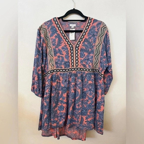 J Jill Sz MP Tunic Style Top Floral Boho Coral and Blue Metallic Lace Detail - Picture 4 of 10